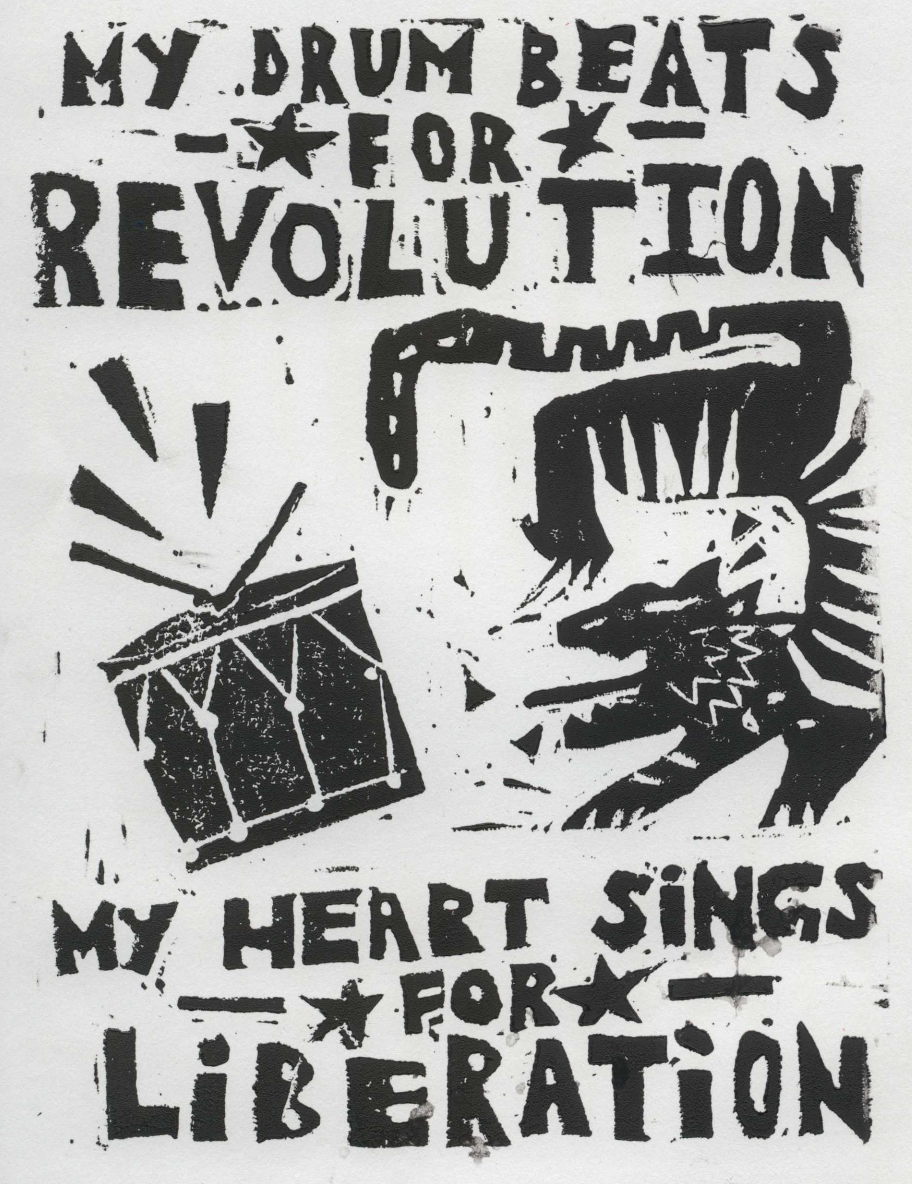 Linocut Tiger With A Drum Captionated 'My Heart Beats For Revolution, My Heart Beats For Liberation'