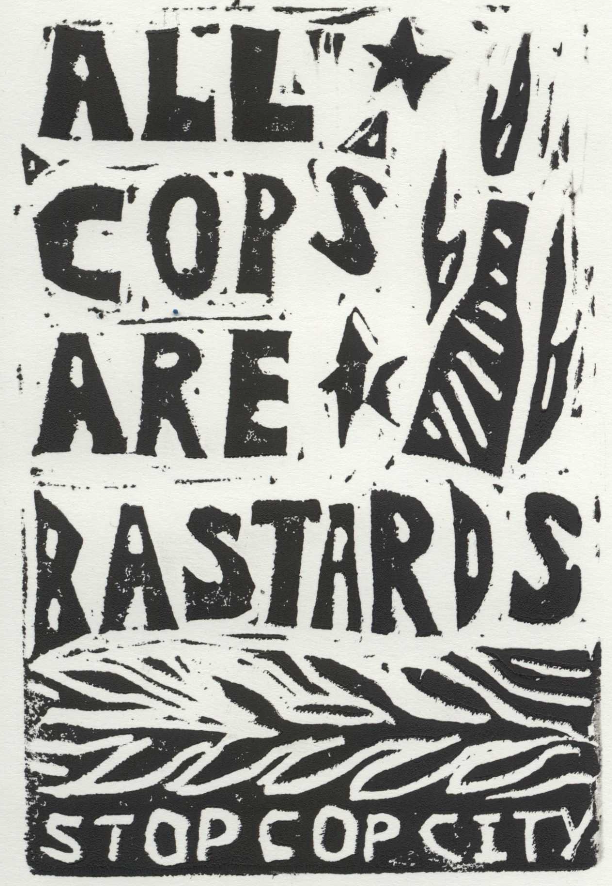 Linocut Molotov Cocktail Captionated 'All Cops Are Bastards'
