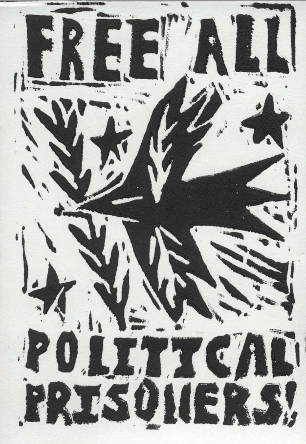 Linocut Bird Holding A Leaf Captionated 'Free All Political Prisoners'