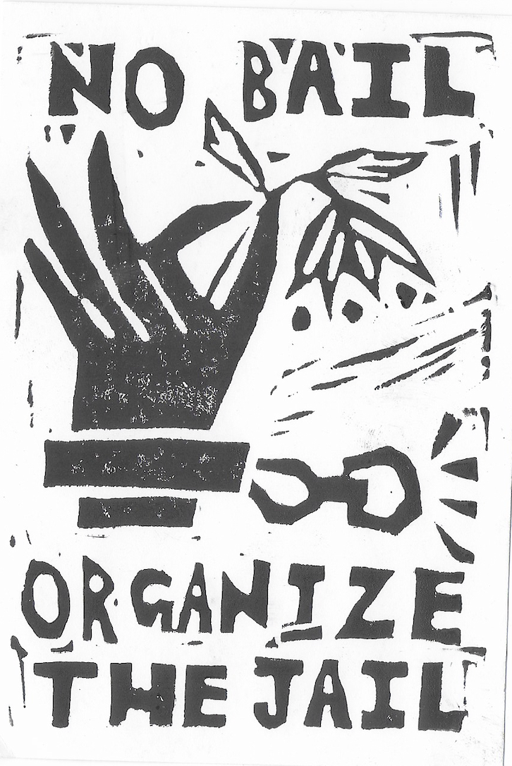 Linocut Hand Holding a Flower Captionated 'No Bail, Organize The Jail'