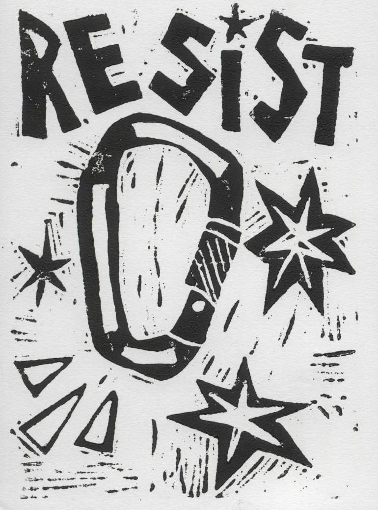 Linocut Carabiner Captionated 'Resist'